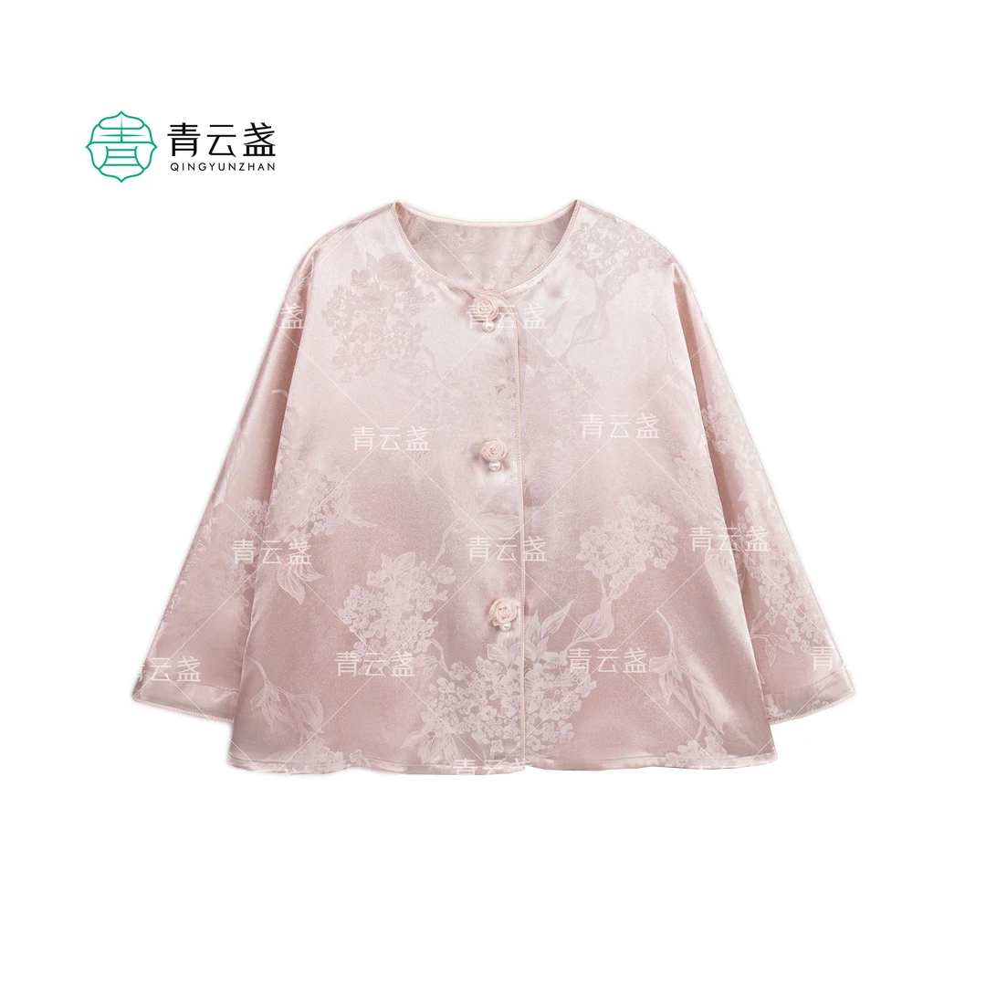 【红粉佳人】100桑蚕丝国风新中式衬衫圆领上衣24W0229