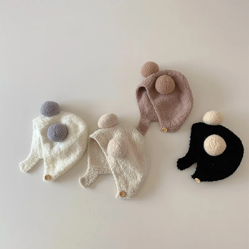 ins韩版秋冬新款宝宝护耳帽保暖防寒帽舒适 婴儿双球软糯包头帽潮