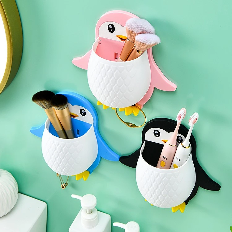 新款创意可爱家用企鹅壁挂式牙刷架卫生间免打孔多功能壁挂收纳盒