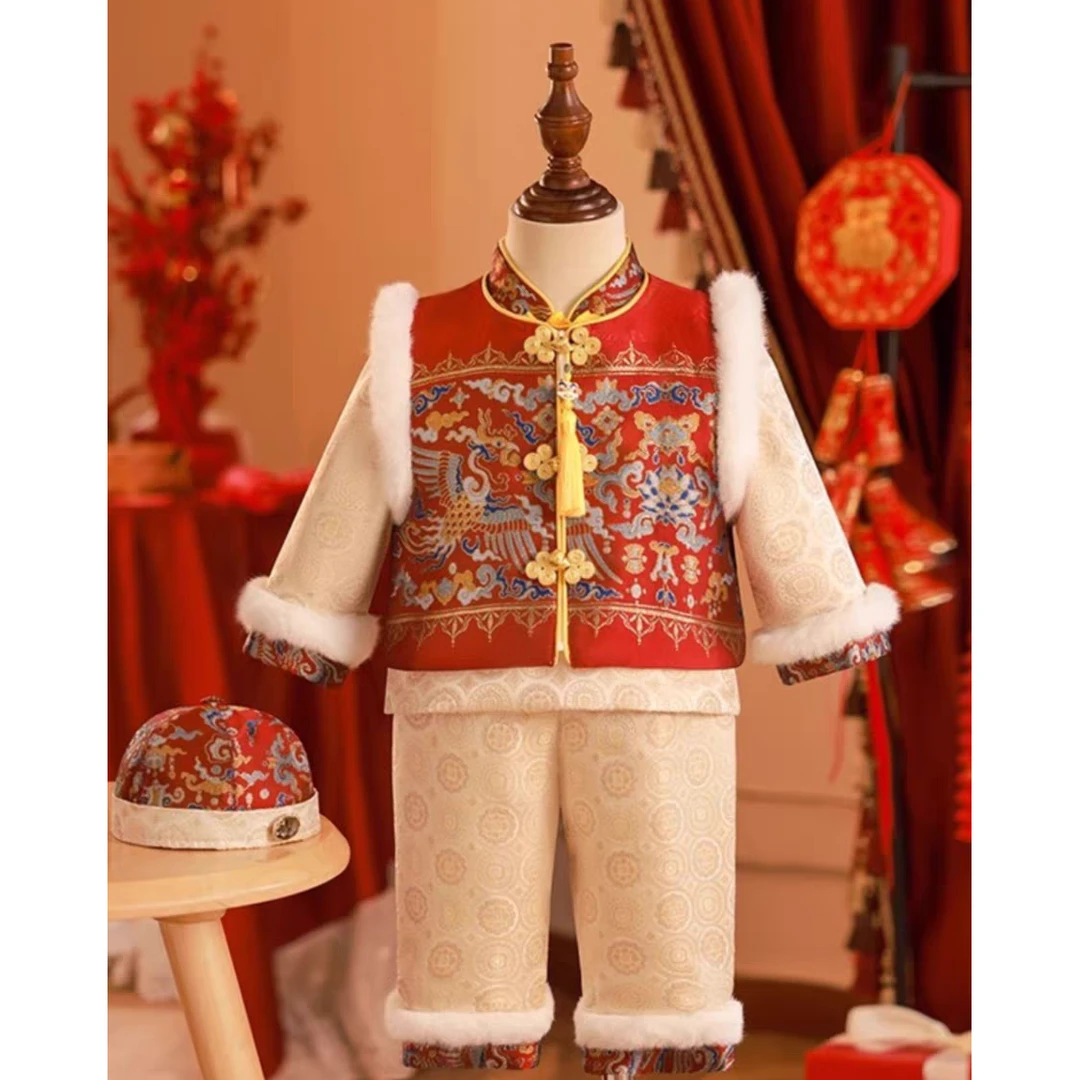 中式周岁礼服男宝抓周服生日唐装汉服冬款满月百天生日宴拜年服