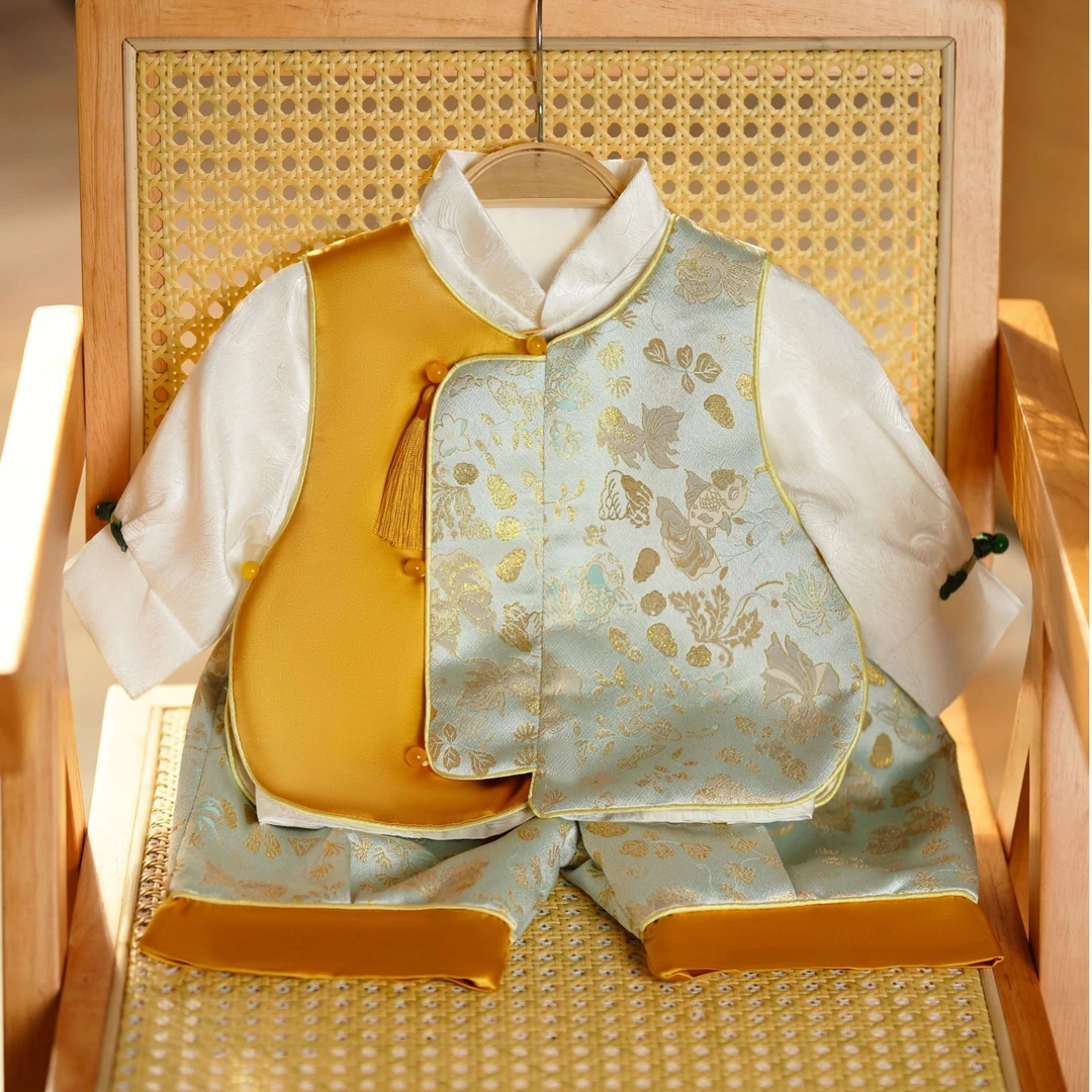 周岁宝宝新款金色拼接礼服春秋洋气国风中式满月百天生日抓周唐装