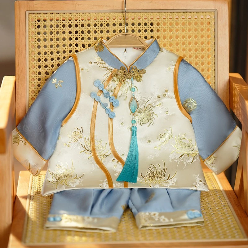 春秋男宝周岁服抓周服中式生日服装男童喜庆满月百天满月国潮冠衣