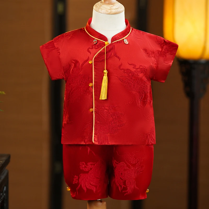 抓周礼服男宝周岁服夏款清凉款唐装套装中国风复古满月百天宴服装