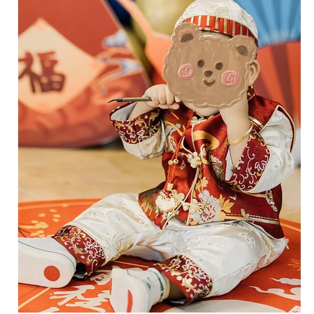 男童中式宝宝周岁礼服抓周服生日宴服装套装中式唐装百天满月冠衣