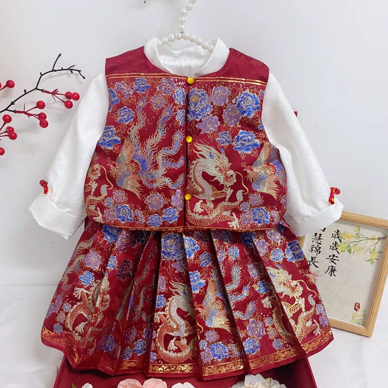 龙凤胎周岁礼服抓周服女宝马面裙套装古风汉服新中式春季新款衣服