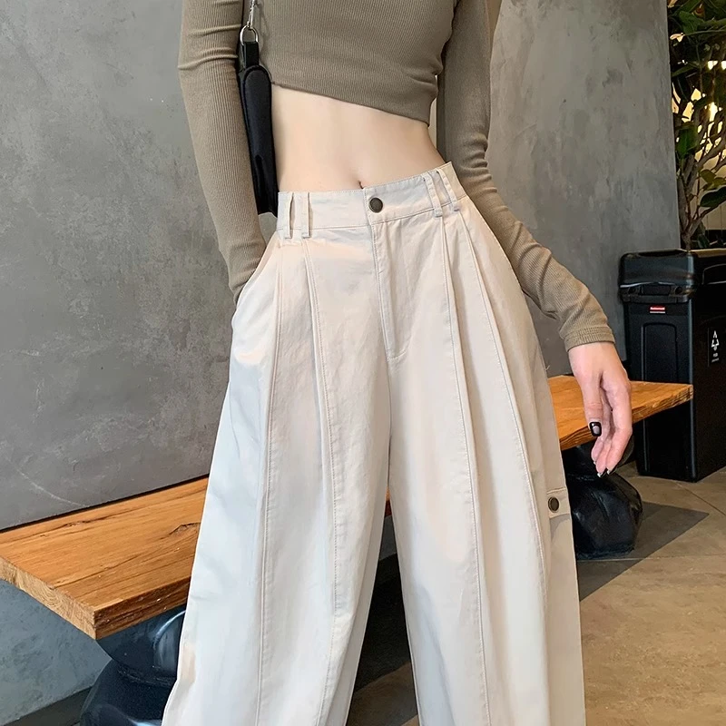 纯棉工装裤女2024年春秋季新款高腰宽松显瘦直筒美式休闲阔腿裤子