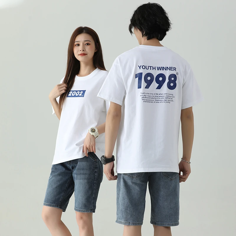 510#年份T恤男短袖夏季纯色休闲男女重磅T宽松情侣落肩上衣