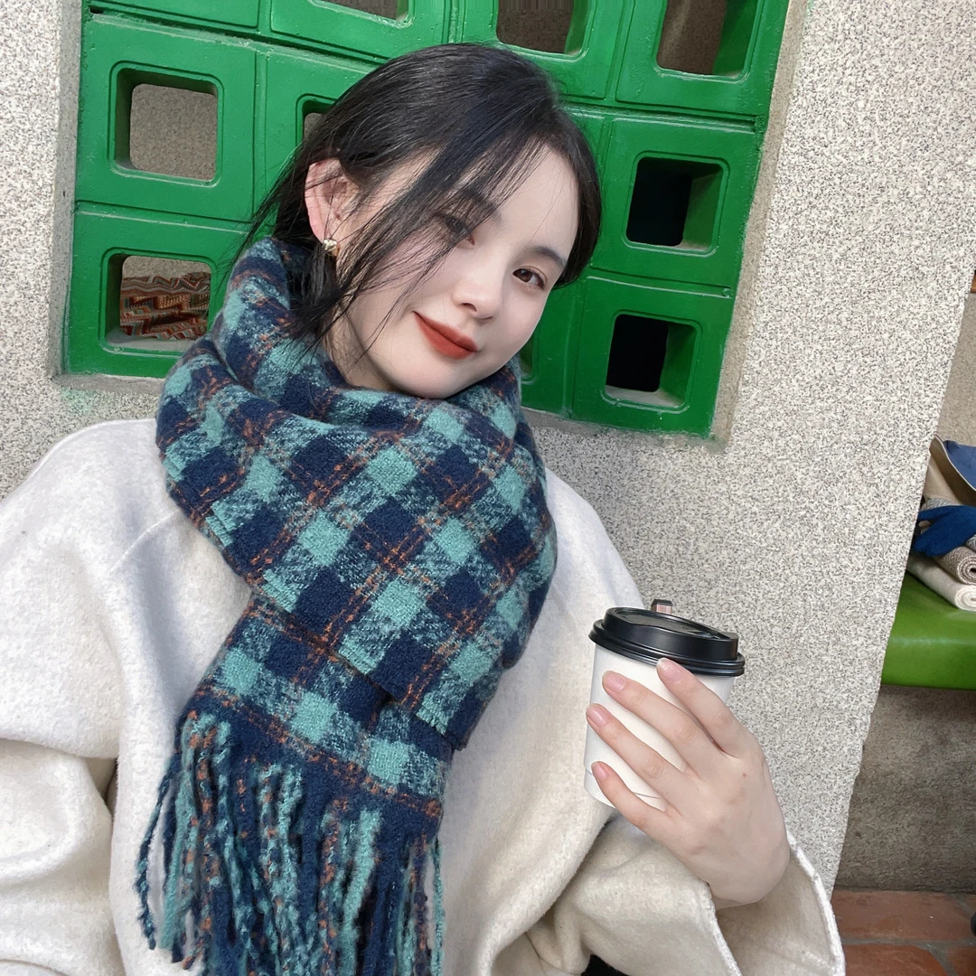 冬季撞色格纹围巾软绵舒适保暖情侣围脖复古长披肩男女