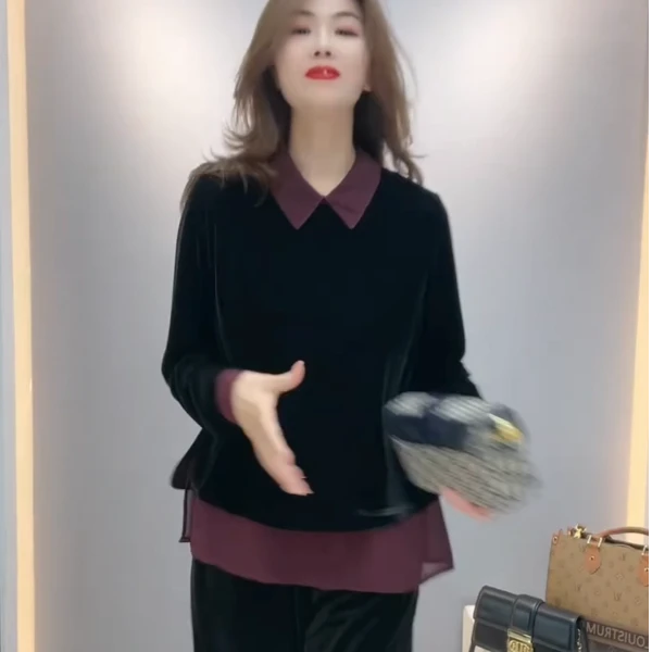 金丝绒假两件上衣打底衫春秋大码酒红色雪纺衫拼接宽松遮肉显瘦女