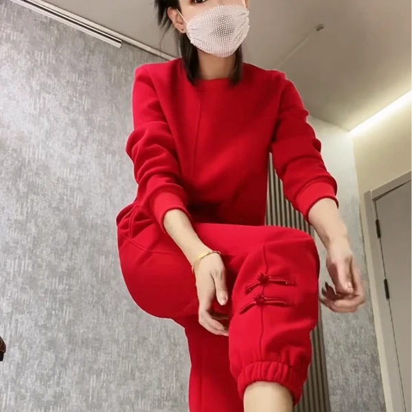 套装卫衣网红时尚休闲红色春秋运动服新中式盘扣本命年加厚加绒女