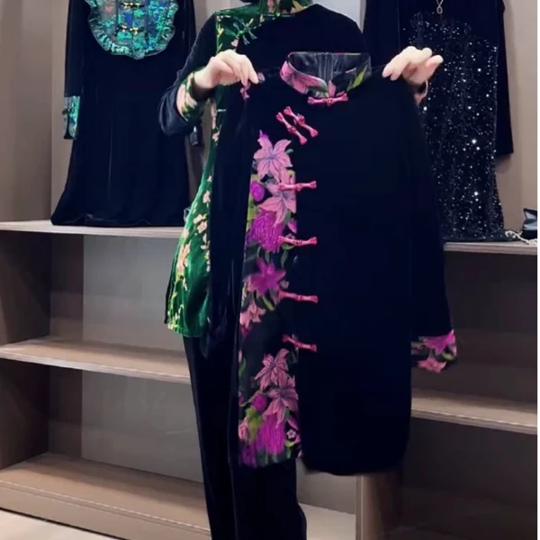 连衣裙女装上衣网红时尚唐装重工中长款新中式复古显瘦金丝绒套装