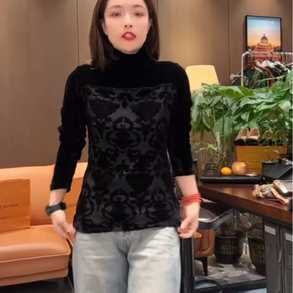 高领金丝绒两穿打底衫烧花立体钩花上衣保暖前后都可穿重工钉珠女