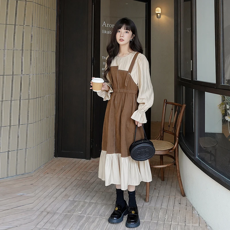法式假两件背带宽松连衣裙女2025春秋新款韩版设计感温柔风鱼尾裙