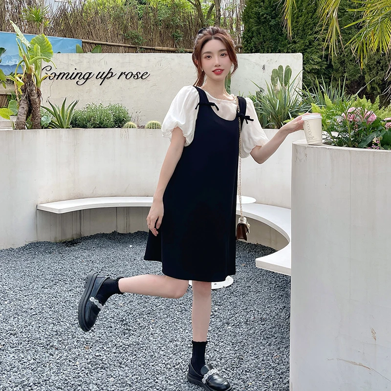 黑色法式复古宽松连衣裙套装女夏季新款泡泡袖上衣减龄无袖背带裙
