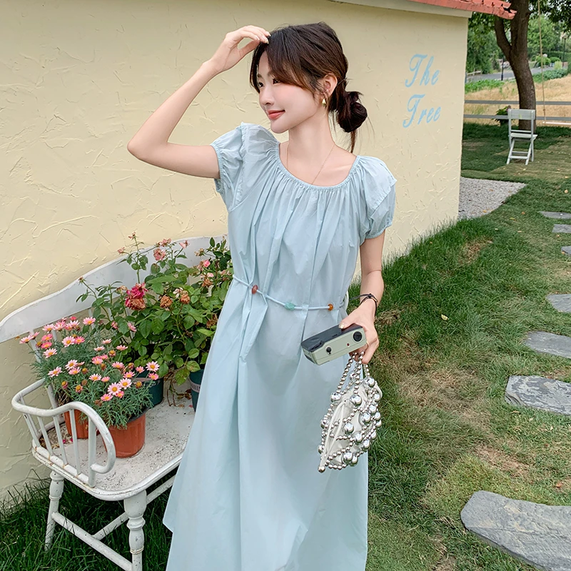 蓝色法式宽松连衣裙女夏季森系文艺小清新减龄仙女裙收腰显瘦裙子
