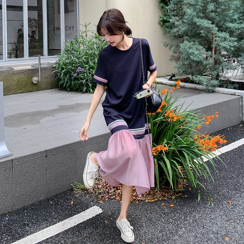 韩版设计感针织拼接宽松连衣裙女夏季气质温柔风遮肚显瘦A字裙子