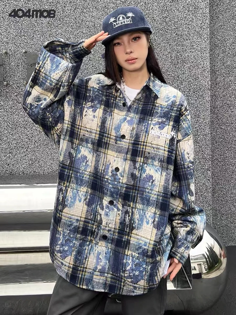 国潮404MOB仿扎染长袖衬衫男女同款春秋复古oversize格子外套潮