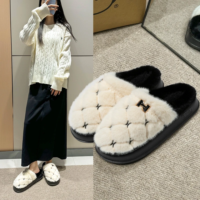 网红时尚冬天棉拖鞋女士2024新款毛绒保暖居家时尚百搭防滑厚棉鞋
