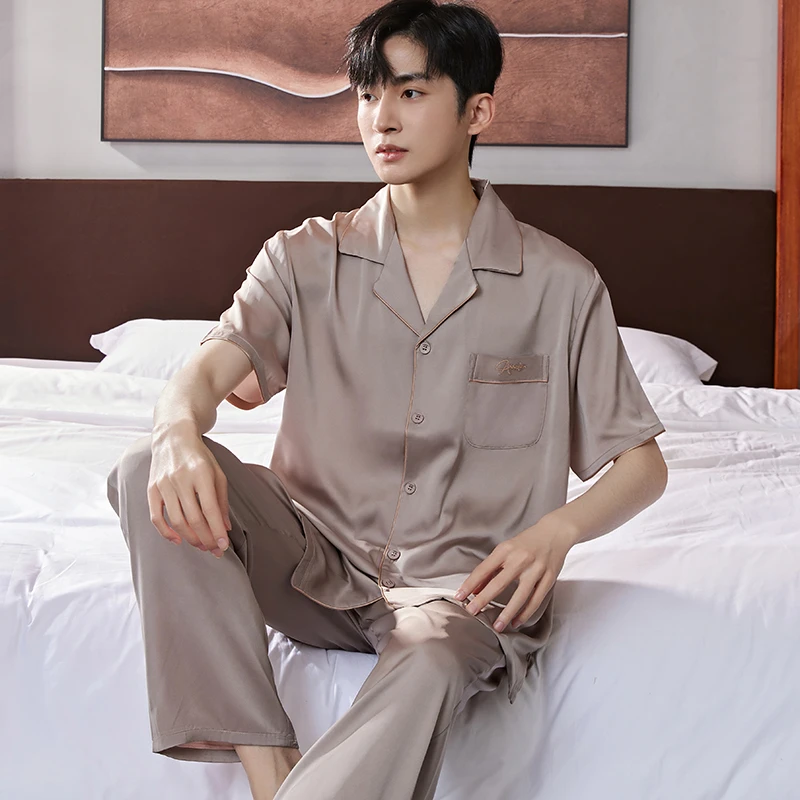 睡衣男款夏季丝绸冰丝短袖短裤男士仿真丝家居服套装仿真丝绸大码