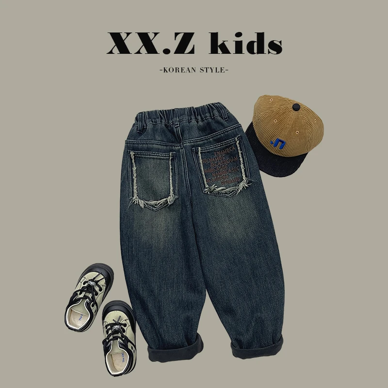 【向子·现货】冬装儿童韩版口袋休闲牛仔宽松个性加绒裤HDM3272