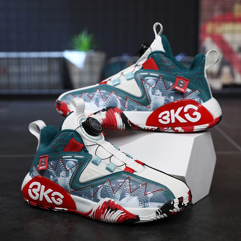 BKG秋季新款男童大码旋转纽扣篮球鞋中大童皮面防水运动篮球鞋