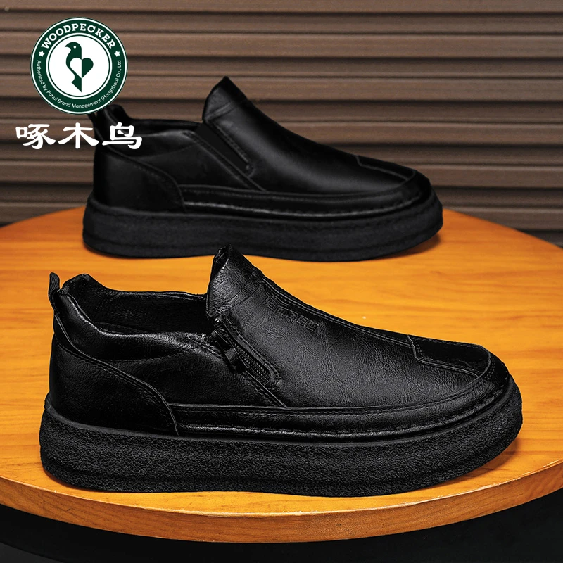 啄木鸟男鞋春夏新款一脚蹬厚底皮鞋子男款百搭耐磨板鞋劳保工装鞋