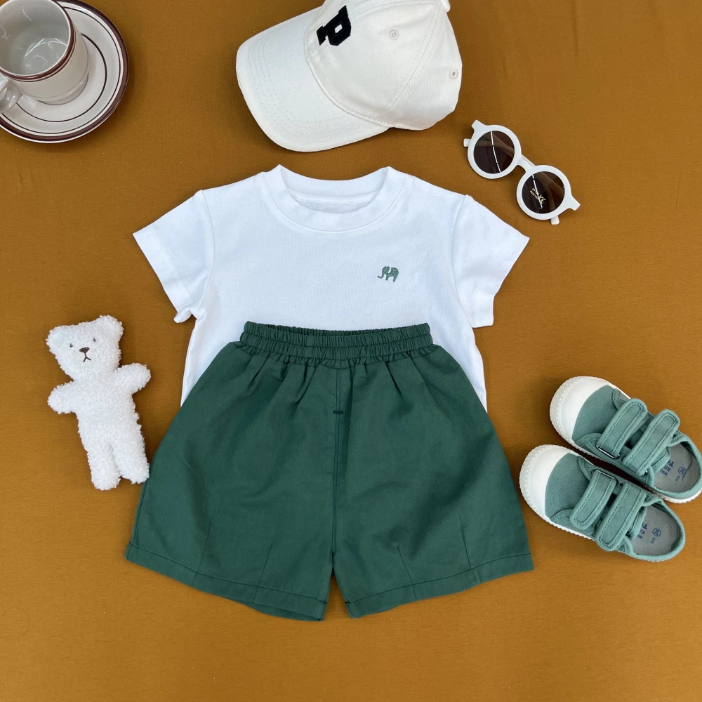 【清凉小象] 夏季男宝宝纯色休闲棉质T恤+短裤两件套洋气潮搭款