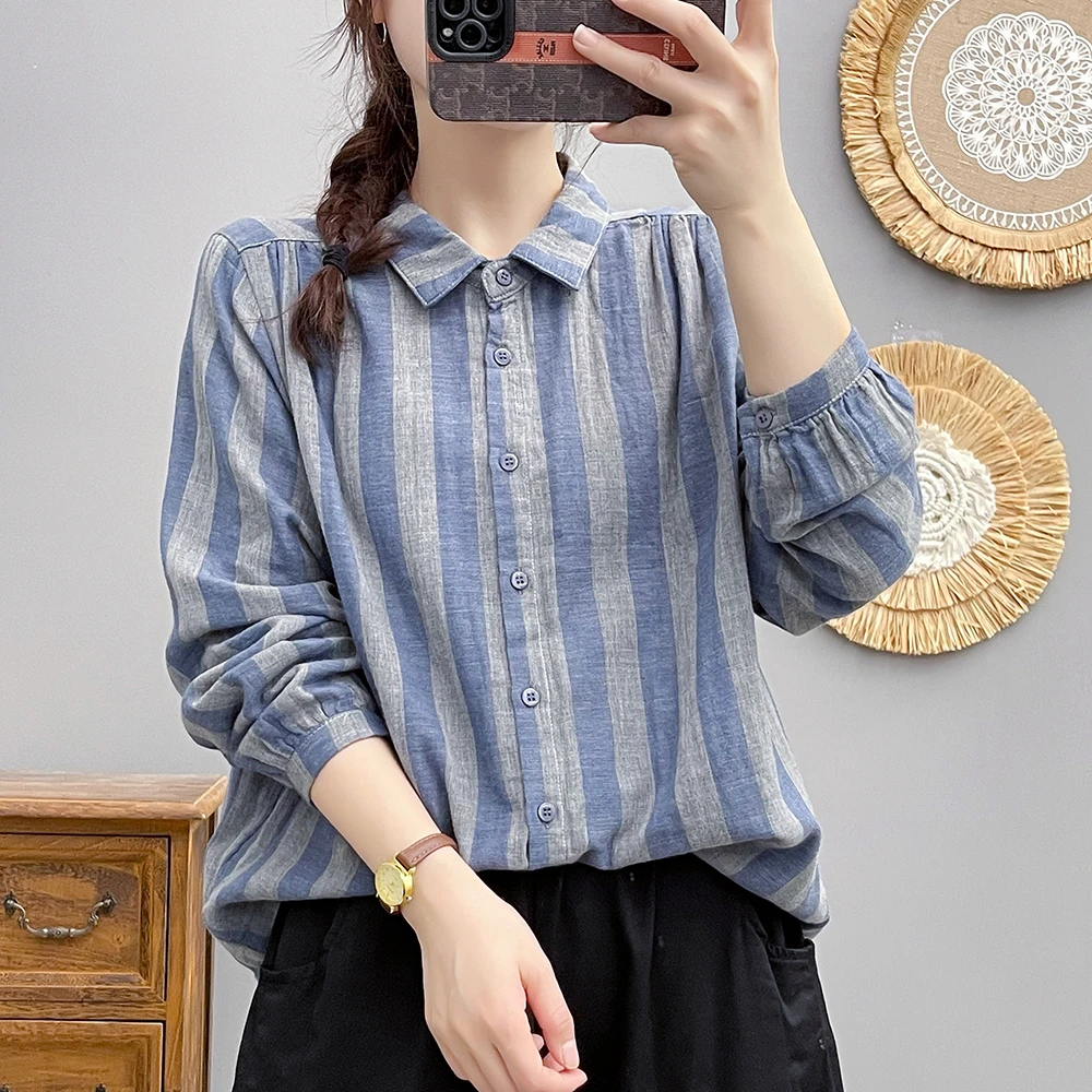 文艺复古条纹纯棉纱长袖衬衫女春秋新款宽松显瘦百搭休闲打底上衣