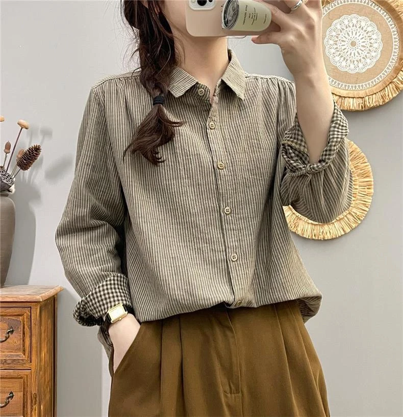 时尚文艺复古细条纹衬衫女双层棉纱布长袖衬衣春秋新百搭打底衬衣