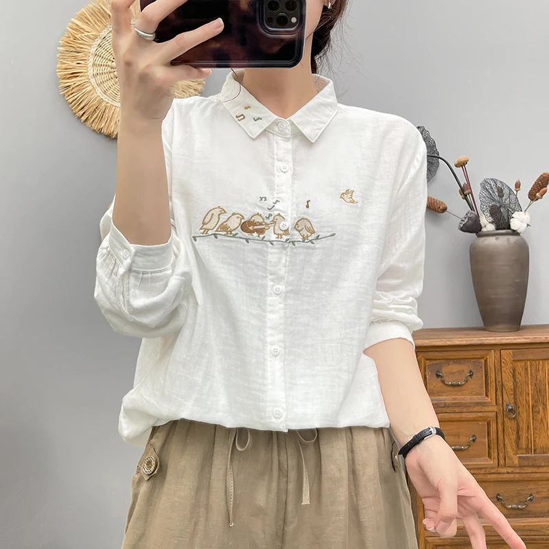 春秋装纯棉双层棉纱小清新文艺刺绣衬衫女长袖宽松百搭白衬衣上衣