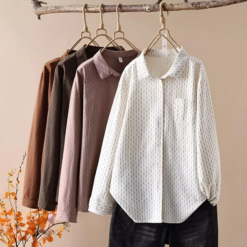 韩系简约条纹磨毛长袖衬衫女春秋纯棉百搭宽松衬衣休闲上衣打底衫