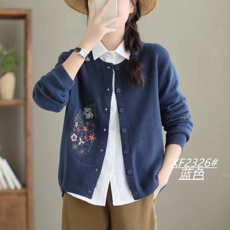 棉线开衫女秋冬长袖刺绣圆领毛衣百搭文艺显瘦宽松外套休闲上衣潮