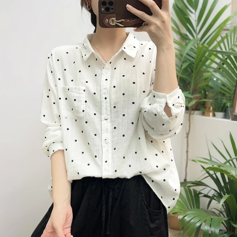 春秋装纯棉文艺双层棉纱波点衬衫女长袖宽松百搭小清新衬衣女上衣