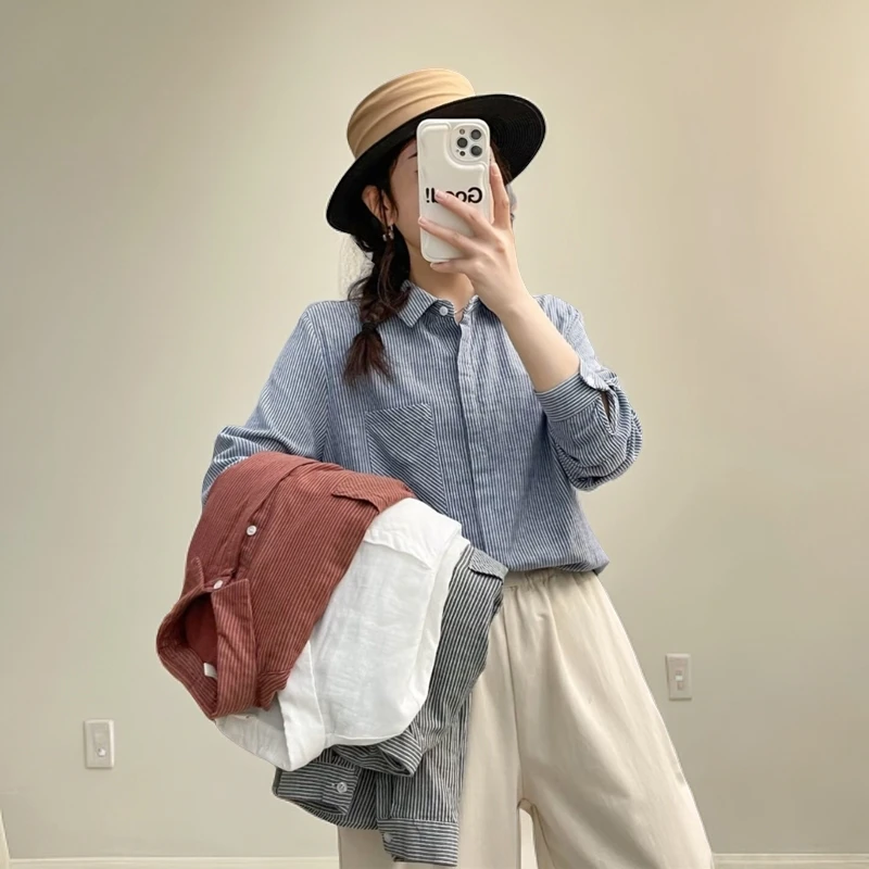 2024纯棉长袖衬衫女秋宽松减龄显瘦上衣外套复古百搭打底衬衣条纹