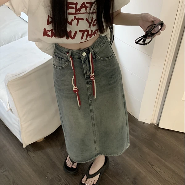 秋季外贸设计感小众彩色抽绳高腰牛仔半身裙女后开叉H字中长半裙