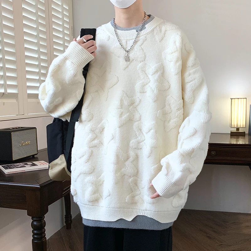 秋冬季新款加厚毛衣男士假两件青少年针织打底衫潮牌圆领韩版线衣