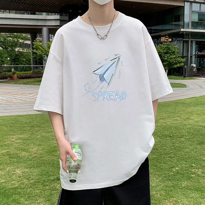 夏季男士短袖T恤宽松百搭重磅棉情侣装盐系男友穿搭男生半袖体恤