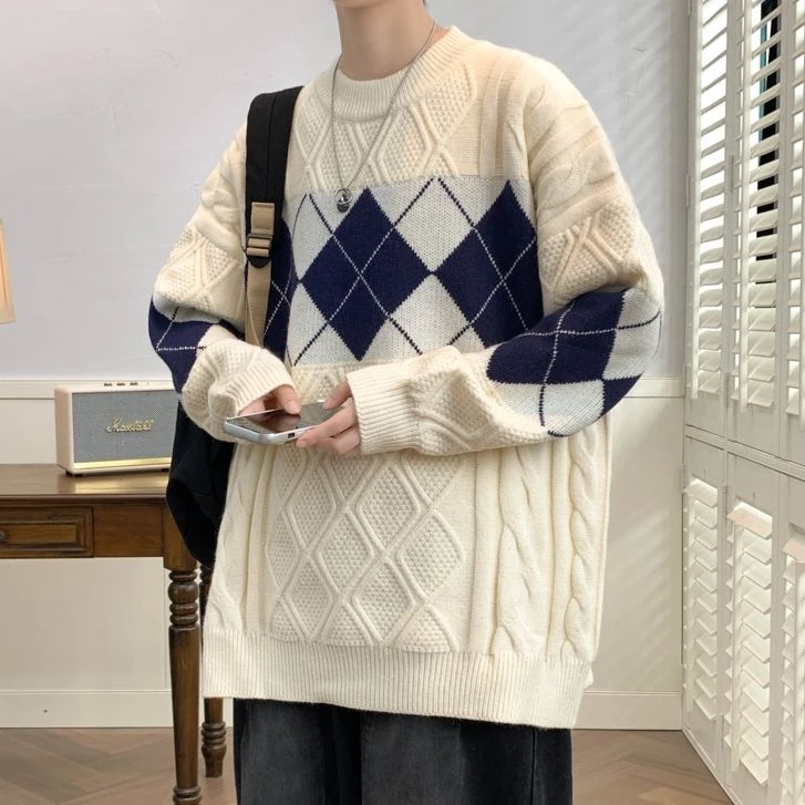 2023秋冬季新款拼色菱形格圆领毛衣男士青少年加厚保暖针织打底衫