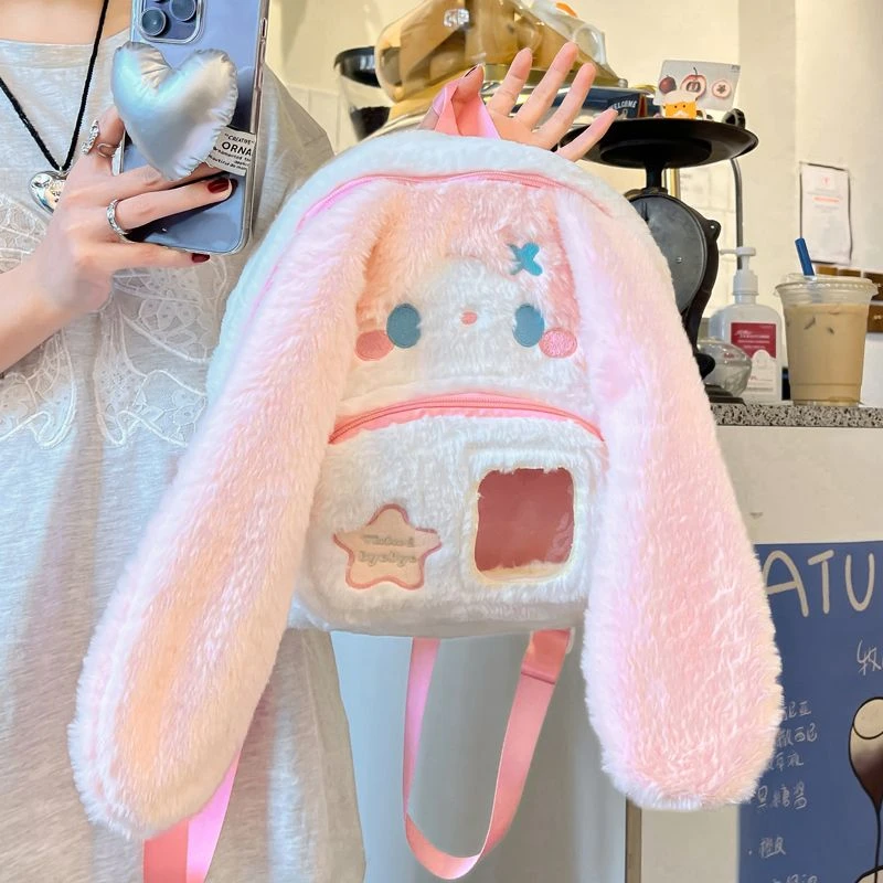 网红长耳兔柔设双肩包2024学生新款卡通背包少女保暖可爱耐用书包