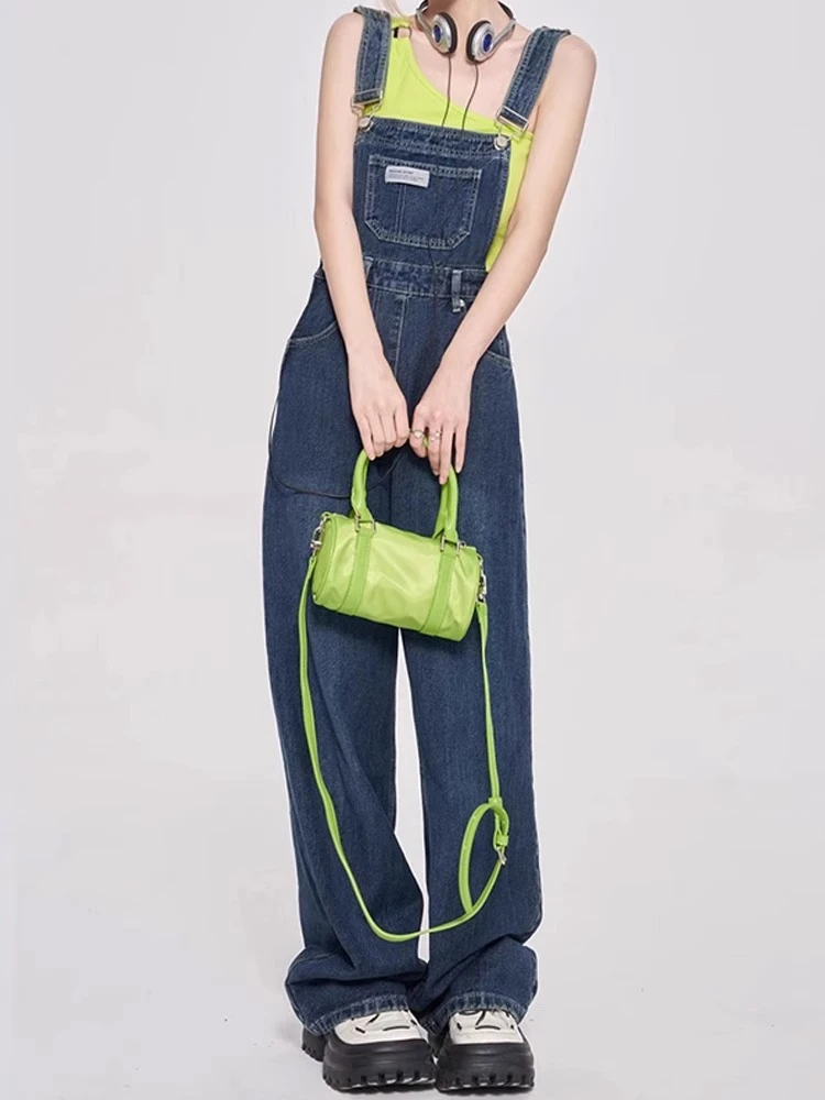 美式复古高腰牛仔背带裤女2024春季小个子阔腿宽松直筒显瘦拖地裤