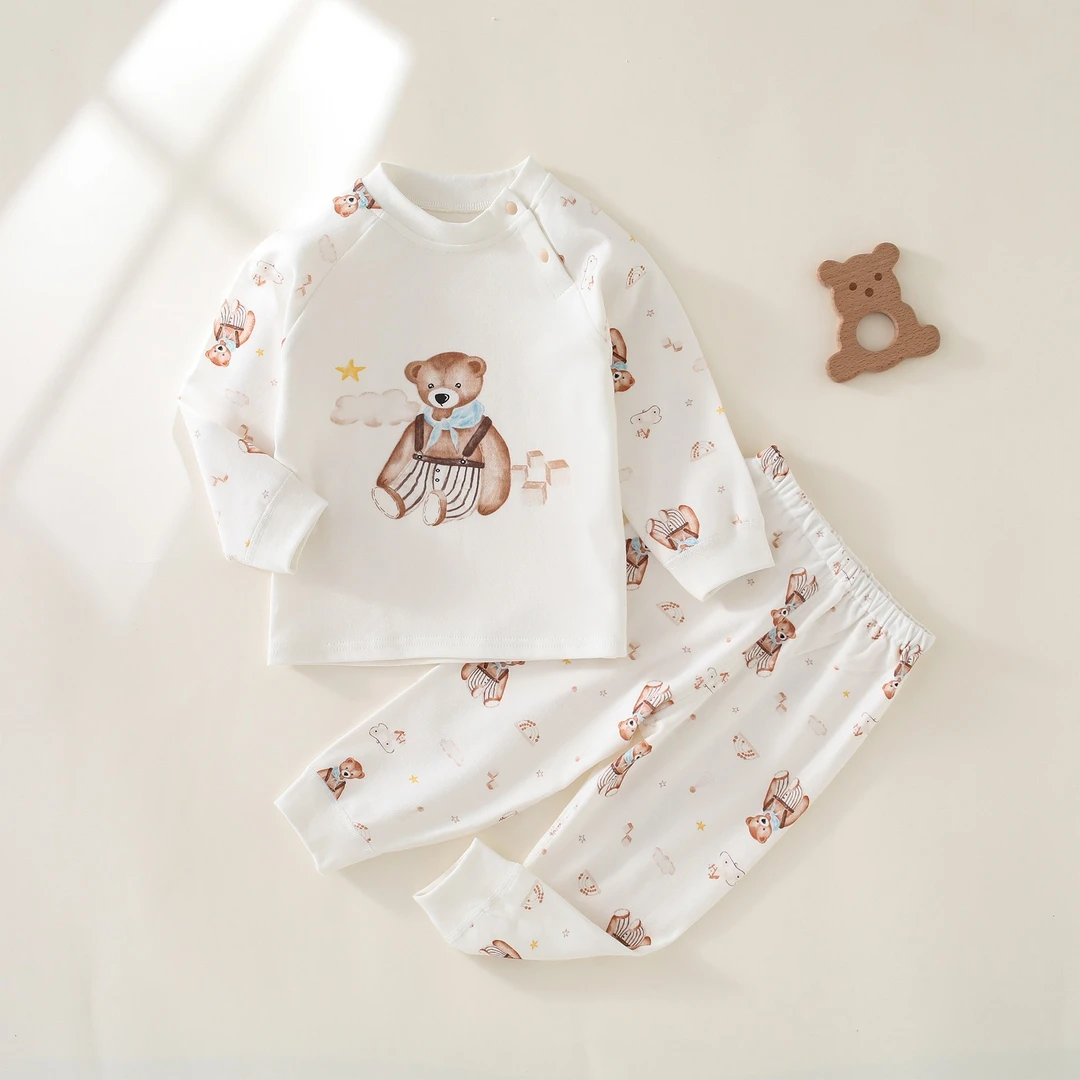 婴儿秋衣秋裤套装斜肩扣秋冬打底衣服宝宝纯棉无骨内衣裤春季睡衣