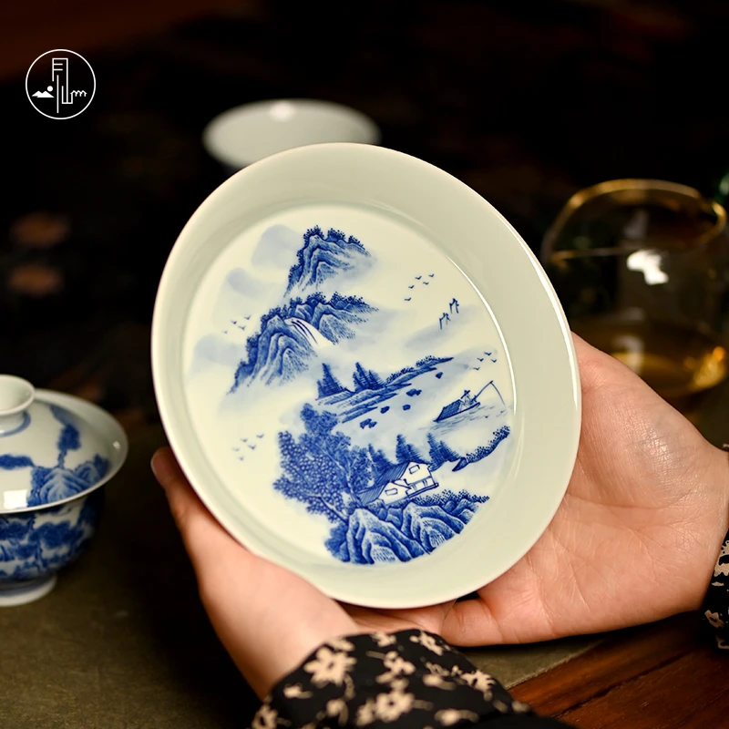 见山烧青花山水壶承纯手工手绘陶瓷干泡盘壶托泡台茶道