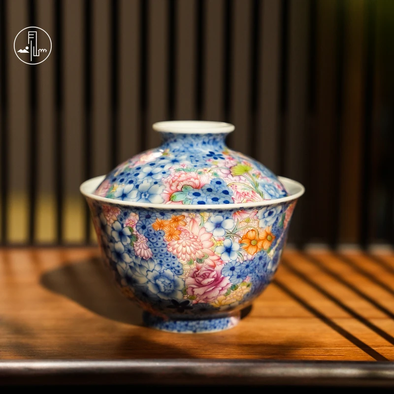 见山烧珐琅彩青花万花盖碗纯手工手绘泡茶碗