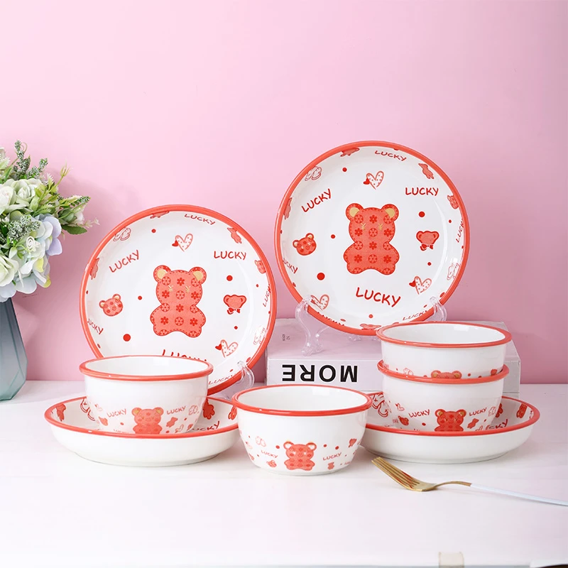 绒花瓷言8件幸运熊碗盘套装家用吃饭碗菜盘子饭盘加厚防烫J022