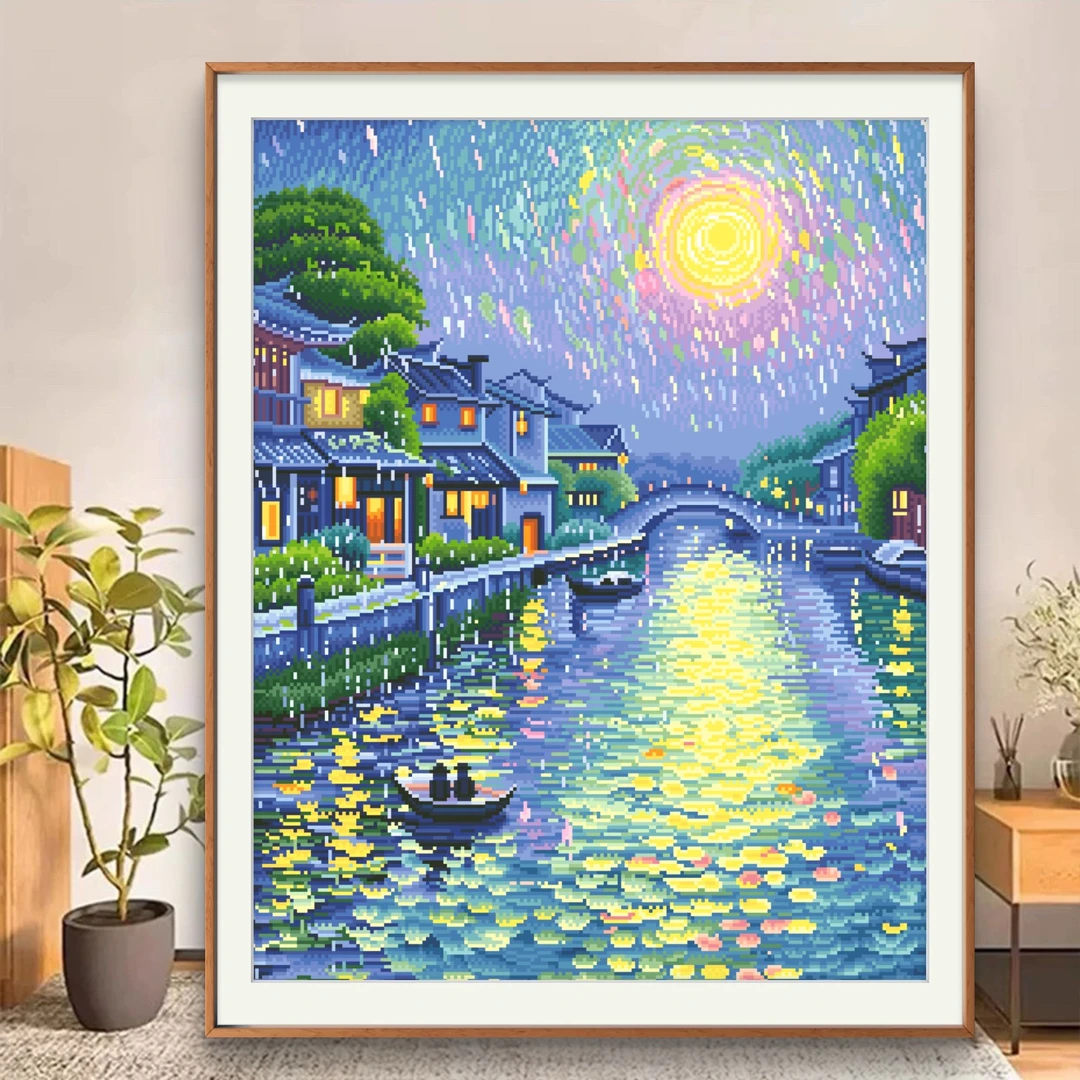 鱼糯糯十字绣:定制款油画古镇65×80大格四股绣（60色）古风