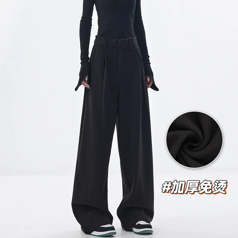 KEN STUDIO原创设计秋冬加绒加厚阔腿休闲裤女黑色拖地休闲裤裤子