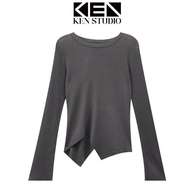 KEN STUDIO春季新款圆领修身针织衫女长袖不规则下摆打底衫上衣