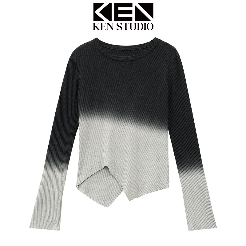 KEN STUDIO春季新款晕染长袖针织衫T恤女渐变撞色设计打底衫上衣