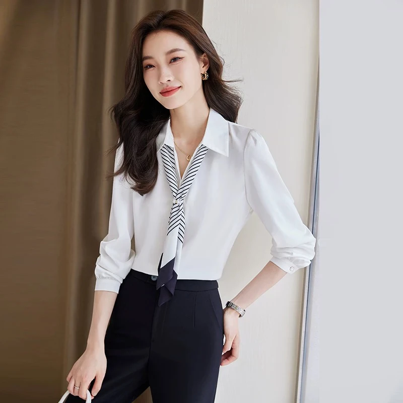 A区2201秋季新款高级感缎面长袖法式气质飘带丝巾V领雪纺衬衣