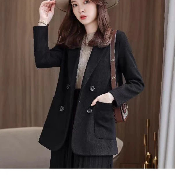 D区005新款中长款西装大衣冬季女加厚双排扣西服